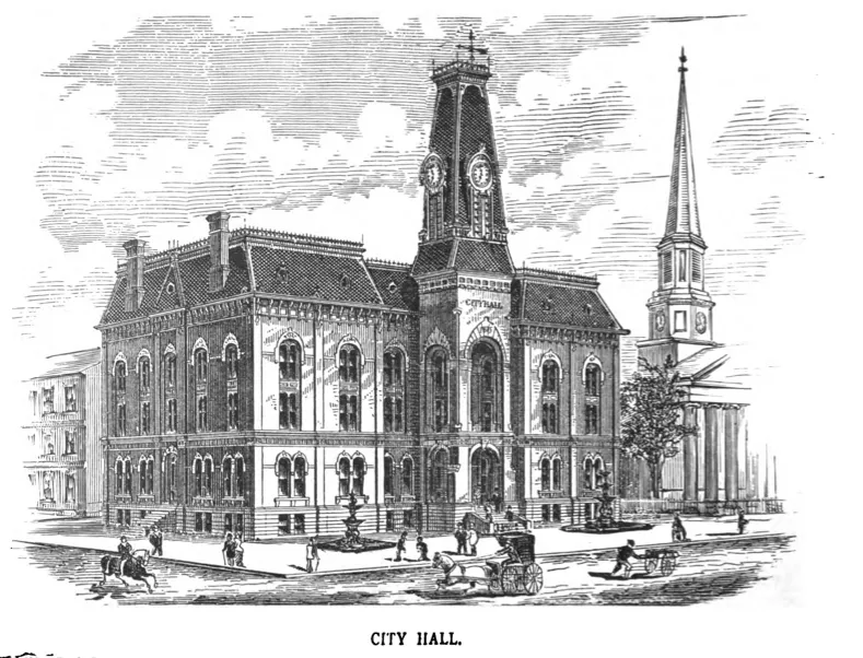 Engraving of Troy City Hall, with the church steeple rising at right